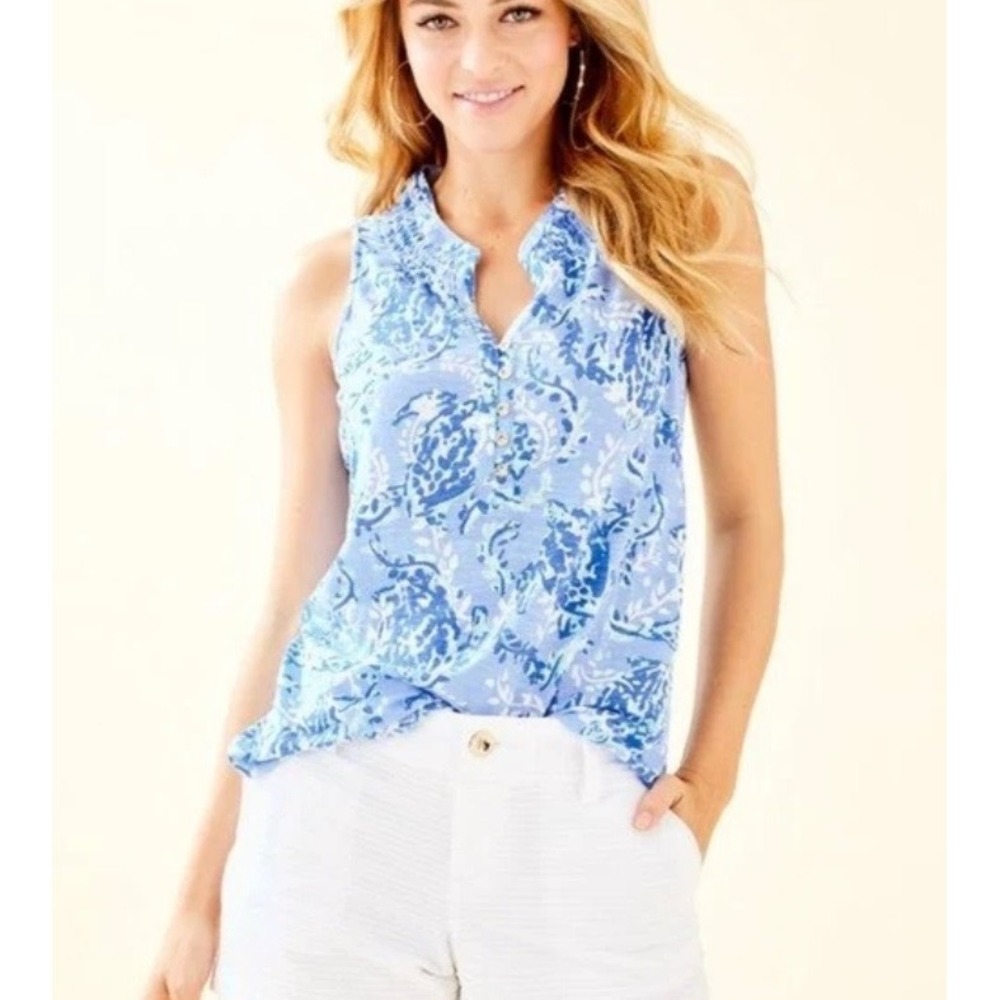 Lilly Pulitzer Womens Essie Blue Turtle Paisley Smocked Button Tank Top Size M